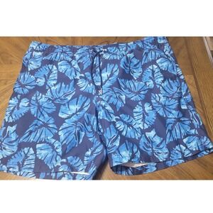 Lands' End Mens XL Blue Monstera Leaf Print Swim Trunks Mesh Lined Shorts